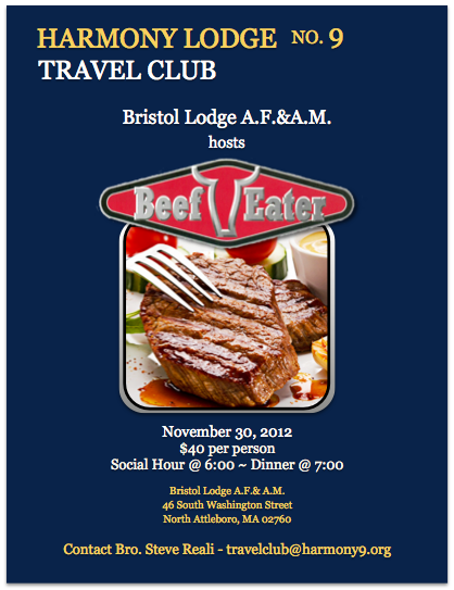 Harmony’s Travel Club – Bristol Lodge A.F.&A.M. hosts Beef Eater Event – November 30, 2012