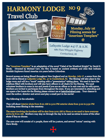 Travel Club  – Filming scenes for “American Templar” Monday, July 1st @ Lafayette Lodge #47