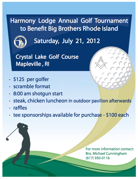 SAVE THE DATE –  Harmony Lodge Annual Golf Tournament to Benefit Big Brothers RI – Saturday, July 21, 2012