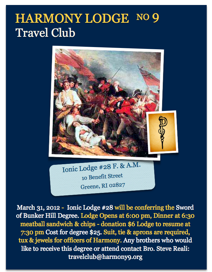 Harmony’s Travel Club -Ionic Lodge #28 -The Sword of Bunker Hill Degree
