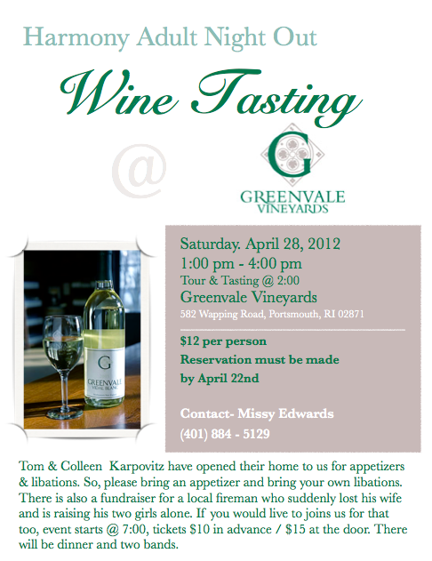 Harmony’s Adult Night Out – Wine Tasting @ Greenvale Vineyards – Saturday, April 28th
