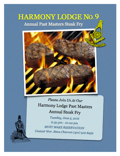 Harmony Lodge Annual Past Masters Steak Fry – Tuesday, June 5, 2012