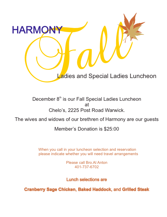 Harmony Fall Ladies & Special Ladies Luncheon – Saturday, December 8, 2012
