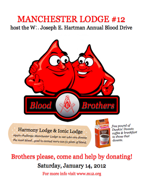Manchester Lodge #12 hosts 2nd Annual Joseph E. Hartman Memorial Blood Drive – Saturday, January 12th