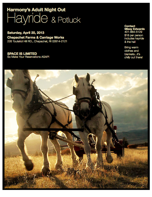 Harmony’s Adult Night Out: Hayride & Potluck – Saturday, April 20, 2013