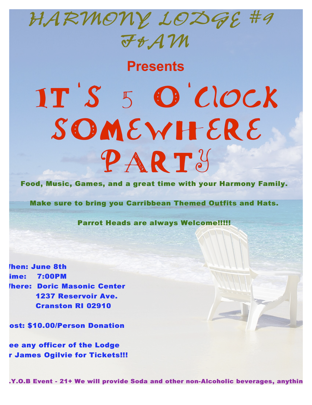 Friendly Reminder…It’s 5 O’Clock Somewhere Party – this Saturday, June 8, 2013 @ 7:00 pm