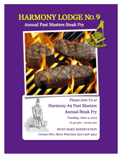 Harmony’s Annual Past Masters Steak Fry – Tuesday, June 4, 2013 – 6:30 pm – 10:00 pm