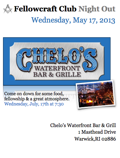 Fellowcraft Night Out at Chelo’s Waterfront Bar & Grill – Wednesday, July 17, 2013 at 7:30