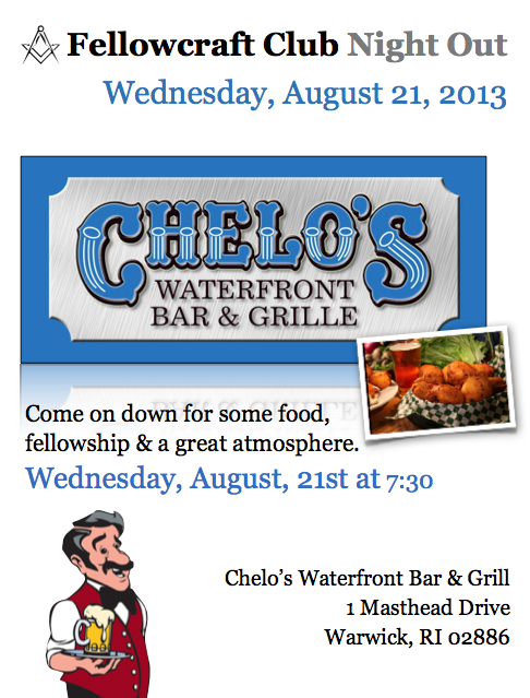Fellowcraft Night Out at Chelo’s Waterfront Bar & Grill – Wednesday, August 21, 2013 at 7:30