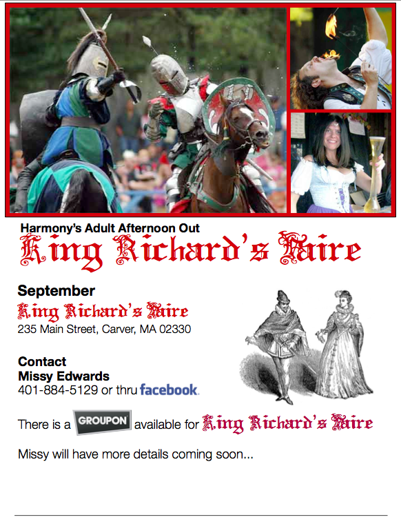 Update! Harmony’s Adult Afternoon Out @ King Richard’s Faire – Saturday, September 15th
